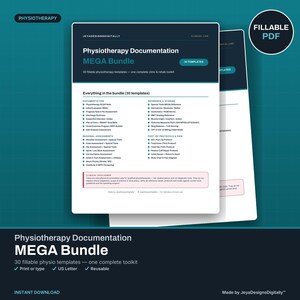 Puede incluir: Un paquete digital de documentación de fisioterapia con 30 plantillas PDF rellenables. El documento enumera varios formularios clínicos, incluyendo notas SOAP, evaluaciones regionales y protocolos postoperatorios para uso profesional en fisioterapia.