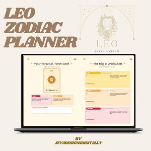 Könnte beinhalten: Ein Laptop mit einem Leo-Tierkreiszeichen-Planer. Der Bildschirm zeigt eine Tarotkarte mit einer Löwenillustration und dem Wort "STRENGTH". Der Planer enthält Arbeitsblätter und den Text "Leo July 23 - August 22". Der Laptop steht vor einem hellbeigen Hintergrund.