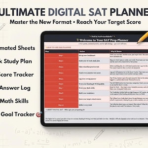 Puede incluir: Un planificador digital SAT en una tableta, con un plan de estudio de 16 semanas, un rastreador de puntuación inteligente y un registro de respuestas incorrectas. El texto dice "Ultimate Digital SAT Planner". Un lápiz descansa sobre la tableta. Incluye Google Sheets & Excel.