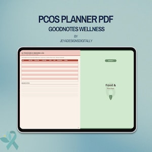 May include: A digital tablet displaying a PCOS planner PDF. The left page shows an Ultrasound & Imaging Log with columns for dates and findings. The right page is a light green section divider labeled Food & Blood Sugar with a leaf icon.