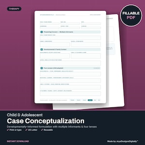 May include: A white digital fillable PDF form titled Child & Adolescent Case Conceptualisation. The document features sections for presenting concerns, developmental and family context, and four lenses, with blank fields for clinical documentation.