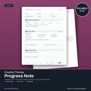 May include: A white fillable PDF couples therapy progress note template with sections for presentation, attendance, session content, and assessment. The document includes fields for partner names, date, clinician credentials, and session details.