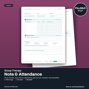 May include: A white digital group therapy note template with a dark purple background. The form includes fields for group name, date, session number, facilitator, and an attendance grid. It features sections for session content, topics, goals, and interventions.