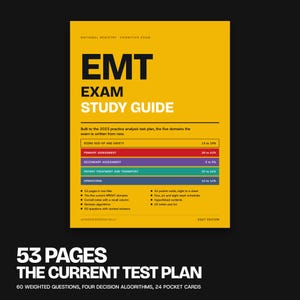 May include: A yellow EMT exam study guide with black and white text. It features a breakdown of five exam domains with colored bars, including scene size-up, primary assessment, secondary assessment, patient treatment, and operations, plus 2027 edition.