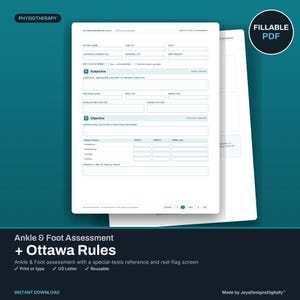 May include: A digital fillable PDF form for an ankle and foot assessment, featuring sections for patient information, subjective history, objective clinical findings, range of motion tables, and a red flag screening section for physiotherapy documentation.