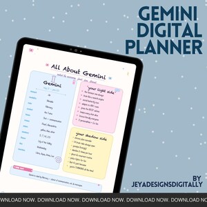 Könnte beinhalten: Ein digitales Tablet, das eine Seite eines Gemini-Digitalplaners mit dem Titel All About Gemini anzeigt. Das Layout enthält Abschnitte für Tierkreiszeichenmerkmale, die helle und die dunkle Seite, mit Text in blauen, rosa und gelben Feldern.