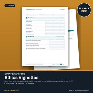 May include: A digital fillable PDF study tracker and test yourself worksheet for EPPP exam prep. The white document features sections for topic confidence, last review, notes, and recall prompts regarding ethics, with a clean layout and text.