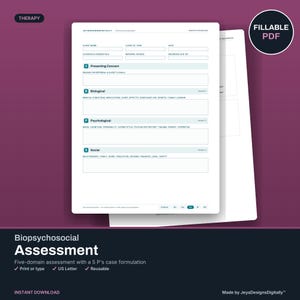May include: A white fillable PDF biopsychosocial assessment form with sections for client information, presenting concerns, and biological, psychological, and social domains. The document features headers for clinical documentation and includes a circular badge.