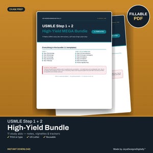 Könnte beinhalten: Ein digitales USMLE Step 1 + 2 High-Yield MEGA Bundle Dokument mit 11 ausfüllbaren Lernvorlagen. Die weiße Seite zeigt eine dunkelblaue Kopfzeile mit Text, eine Liste medizinischer Fächer und einen klinischen Haftungsausschluss am unteren Rand.