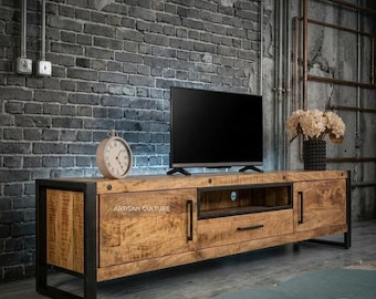Mueble de TV industrial, consola multimedia de madera, mueble de entretenimiento rústico, armario de almacenamiento, mueble de TV moderno de estilo granja para sala de estar.