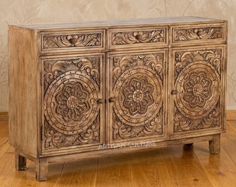 Hand Carved Solid Mango Wood Sideboard, Rustic Floral Mandala Storage Console