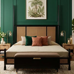Boho Schwarzer Rattan Cane Plattform Bettrahmen, Boho Moderne Minimalist Schlafzimmer Möbel
