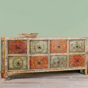 Vintage Hand Painted Wooden Chest of Drawers: Boho Floral Storage Cabinet