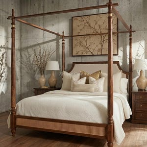 Könnte beinhalten: Ein Himmelbettgestell aus dunkelbraunem Holz mit einem Fußteil aus geflochtenem Rohrgeflecht. Das Bett ist mit einer weißen, gesteppten Tagesdecke und mehreren Kissen in Creme- und Goldtönen bezogen. Das Kopfteil ist mit beigem Stoff gepolstert.