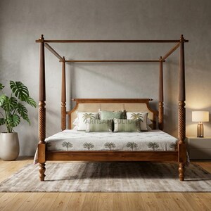 Pode incluir: Uma cama com dossel de madeira com cabeceira tecida. A cama é adornada com almofadas e uma colcha estampada com desenhos de palmeiras. Uma planta em vaso e uma lâmpada de cabeceira também são visíveis no fundo.