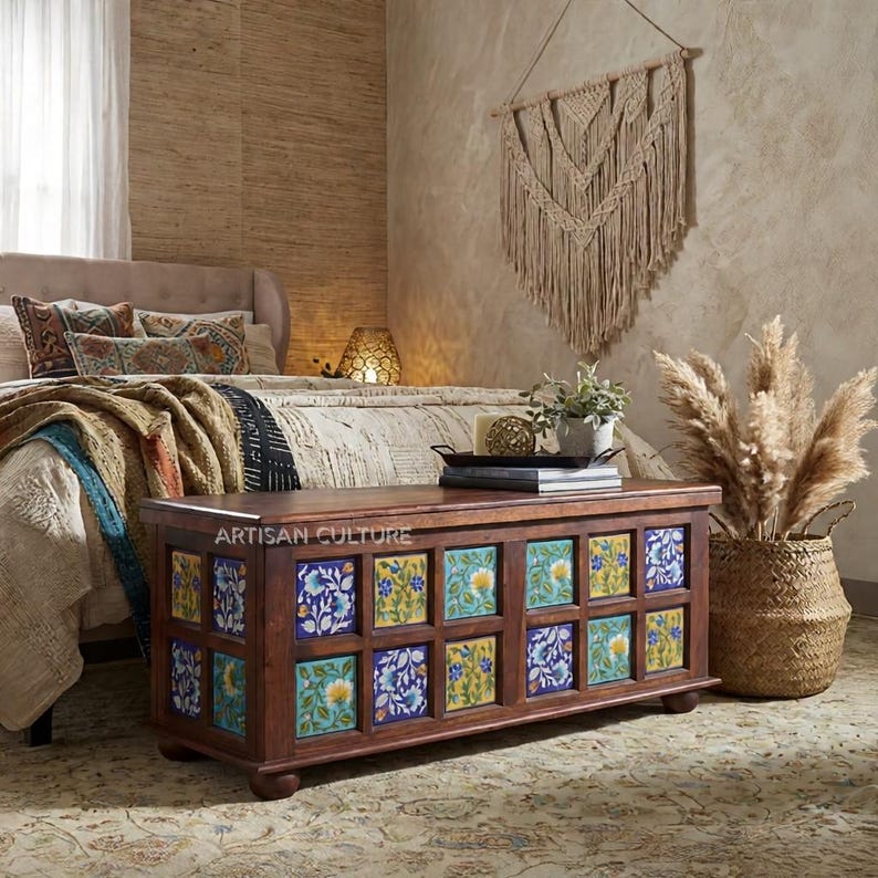 Mango Wood Storage Trunk, Colorful Tile Inlay, Hinged Lid Coffee Table ...