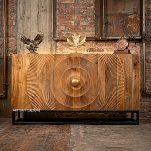 Modern Rustic Sideboard Cabinet Hand Carved Wooden Buffet Console Industrial Storage Credenza Sunburst Design Dining Room Furniture