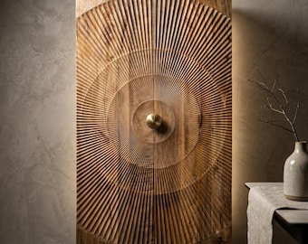 Armario alto de madera tallado a mano, armario de almacenamiento con diseño de rayos de sol, armario rústico moderno, armario de madera industrial, mueble llamativo