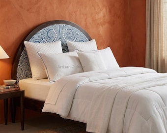Solid Wood Platform Bed, Blue Floral Inlay Arch Headboard, Modern Boho Furniture