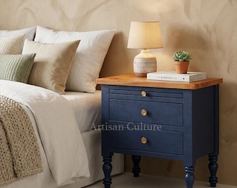 Set di 2 comodini in legno massello di quercia con cassetti, comodini in stile rustico, tavolini laterali per camera da letto, comodini in quercia blu