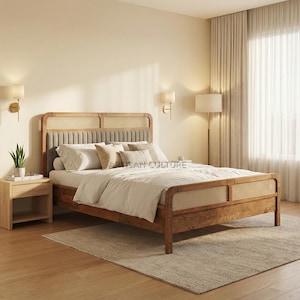 Peut inclure: Un lit en bois avec une tête de lit et un pied de lit en osier. Le lit est fait avec de la literie et des oreillers blancs. Une petite table de chevet en bois avec une plante est à côté du lit. La pièce a une palette de couleurs neutres.
