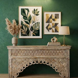 Hand Carved Mango Wood Console Table, Rustic Floral Arch Entryway Furniture