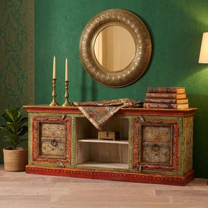 Hand Painted Reclaimed Wood TV Unit: Rustic Boho Media Console Cabinet