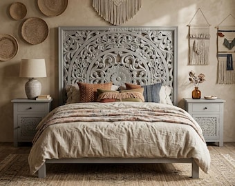 Hand Carved Wooden Bed Frame with Mandala Headboard Boho Farmhouse King Queen Size Bedroom Furniture