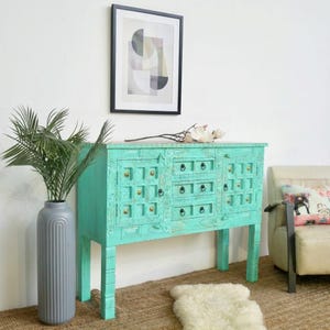 Enfilade en manguier turquoise - Buffet rustique sculpté à la main, console de rangement bohème