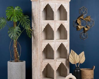 Tall Mango Wood Carved Arch Display Shelf, Boho Rustic Bookcase Storage Unit