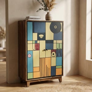 May include: A wooden cabinet with a colorful geometric design on the doors. The cabinet features a mix of blue, yellow, orange, and black shapes. It has two black round handles and sits on short wooden legs. The cabinet is a unique piece of furniture.