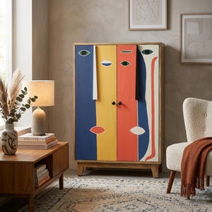 Könnte beinhalten: Ein Holzschrank mit einem farbenfrohen abstrakten Gesichtsdesign. Die Schranktüren sind mit blauen, gelben und roten Abschnitten bemalt und weisen weiße und schwarze Linien und Formen auf, um das Gesicht zu erzeugen. Der Schrank hat zwei schwarze Knöpfe und steht auf Holzbeinen.