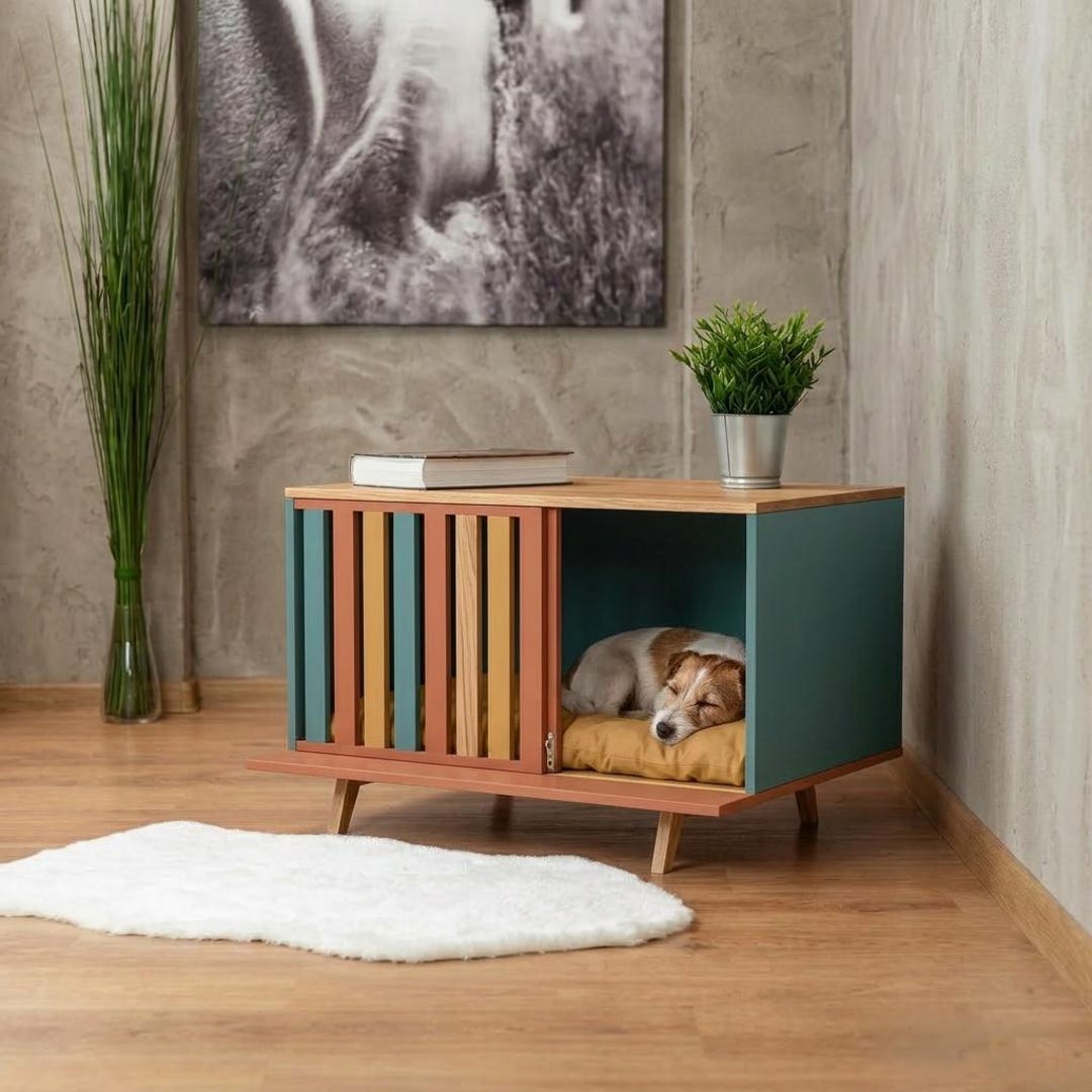 Solid Mango Wood Dog Crate End Table: Mid-century Modern Pet Kennel