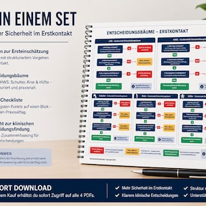 K&ouml;nnte beinhalten: Ein spiralgebundenes Notizbuch mit dem Titel "ALLES IN EINEM SET" und dem Text "4 PDFs f&uuml;r mehr Sicherheit im Erstkontakt." Das Notizbuch enth&auml;lt Flussdiagramme und Diagramme mit deutschem Text. Ein schwarzer Stift liegt auf der Oberfl&auml;che.
