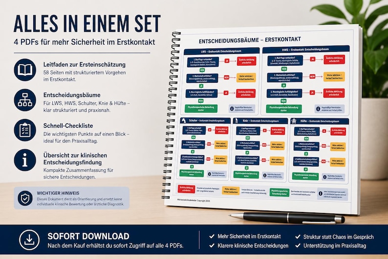 K&ouml;nnte beinhalten: Ein spiralgebundenes Notizbuch mit dem Titel "ALLES IN EINEM SET" und dem Text "4 PDFs f&uuml;r mehr Sicherheit im Erstkontakt." Das Notizbuch enth&auml;lt Flussdiagramme und Diagramme mit deutschem Text. Ein schwarzer Stift liegt auf der Oberfl&auml;che.