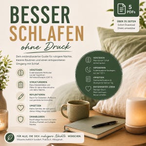 Könnte beinhalten: Werbebild für einen Schlaf-Ratgeber. Es zeigt ein Buch, einen Stift, eine Tasse und eine Pflanze auf einem Holztisch. Der Text ist auf Deutsch und wirbt für besseren Schlaf. Der Hintergrund umfasst Kissen.