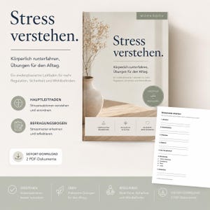 Könnte beinhalten: Ein Arbeitsbuch mit dem Titel "Stress verstehen" (Stress verstehen) mit einem beigen Einband. Es zeigt eine Vase mit Trockenblumen. Das Arbeitsbuch konzentriert sich auf Stressbewältigung und enthält Übungen.