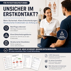 Könnte beinhalten: Werbebild für eine Physiotherapie-Ressource. Der Text lautet "Unsicher im Erstkontakt?" und hebt den strukturierten Erstkontakt, die Erkennung von Red Flags, Entscheidungsbäume und Checklisten hervor. Zeigt eine Frau und einen Mann in einer Beratung, mit herunterladbaren Dokumenten.
