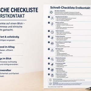 K&ouml;nnte beinhalten: Eine Checkliste mit dem Titel "PRAKTISCHE CHECKLISTE F&Uuml;R DEN ERSTKONTAKT" mit detaillierten Punkten f&uuml;r strukturierte Anamnese und klinische Beurteilung. Die Checkliste befindet sich auf wei&szlig;em Papier, mit einem Stift und einer Pflanze im Hintergrund.