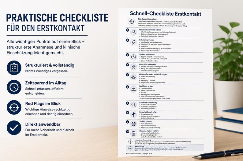 K&ouml;nnte beinhalten: Eine Checkliste mit dem Titel "PRAKTISCHE CHECKLISTE F&Uuml;R DEN ERSTKONTAKT" mit detaillierten Punkten f&uuml;r strukturierte Anamnese und klinische Beurteilung. Die Checkliste befindet sich auf wei&szlig;em Papier, mit einem Stift und einer Pflanze im Hintergrund.