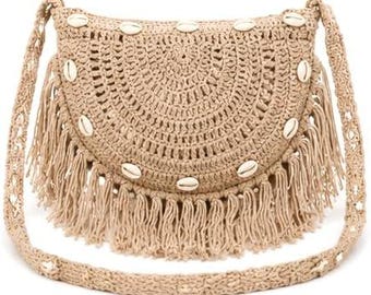 Beige Boho Crochet Sling Bag for Women, Handmade Cotton Macrame Crossbody Bag, Fringe Cowrie Shell Purse, Beach Hippie Shoulder Bag