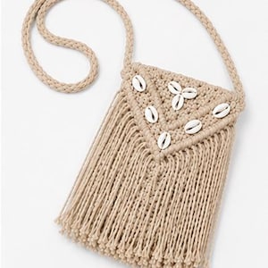 Beige Crossbody Sling Bag for Women Handmade Macrame Phone Boho Cotton Mobile Purse Eco Friendly Fringe Festival Gift