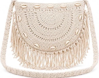 Witte gehaakte boho-draagtas voor vrouwen, handgemaakte katoenen macrame-crossbodytas, portemonnee met franje kauri, schoudertas strandhippie