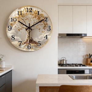 Livets träd väggklocka, tyst icke-tickande klocka, modern guldfärgad trädklocka, naturväggdekoration