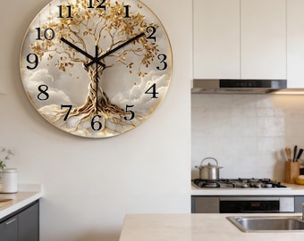 Tree of Life Wall Clock, Silent Non Ticking Clock, Modern Gold Tree Clock, Nature Wall Decor