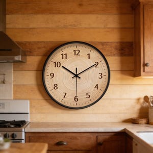 May include: A round wall clock with a black frame and a light wood-grain face. The clock features black hands and numerals, with the numbers 1 through 12. The clock is mounted on a wooden wall in a kitchen setting.
