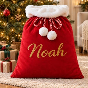 Saco de presente de Natal reutilizável, saco de veludo personalizado com nome do Papai Noel, porta-presente de Natal com cordão, lembrança festiva para a família.