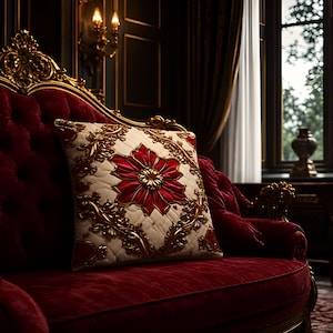 May include: A decorative cushion with a red floral design and gold accents rests on a red velvet sofa. The cushion features a quilted off-white background with a central red flower and ornate gold trim, creating a luxurious aesthetic.