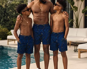 Luxury Blue Gold Men’s Swim Trunks | Artistic Resort Swim Shorts | Matching Family Vacation Swimwear | Premium Beach Shorts