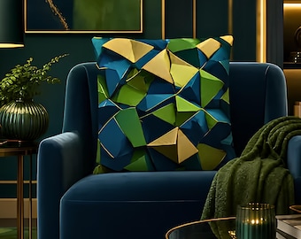 Geo Luxe Designer Throw Pillow | Blue Green Gold Geometric Cushion Cover | Modern Luxury Home Decor | Artistic Accent Pillow